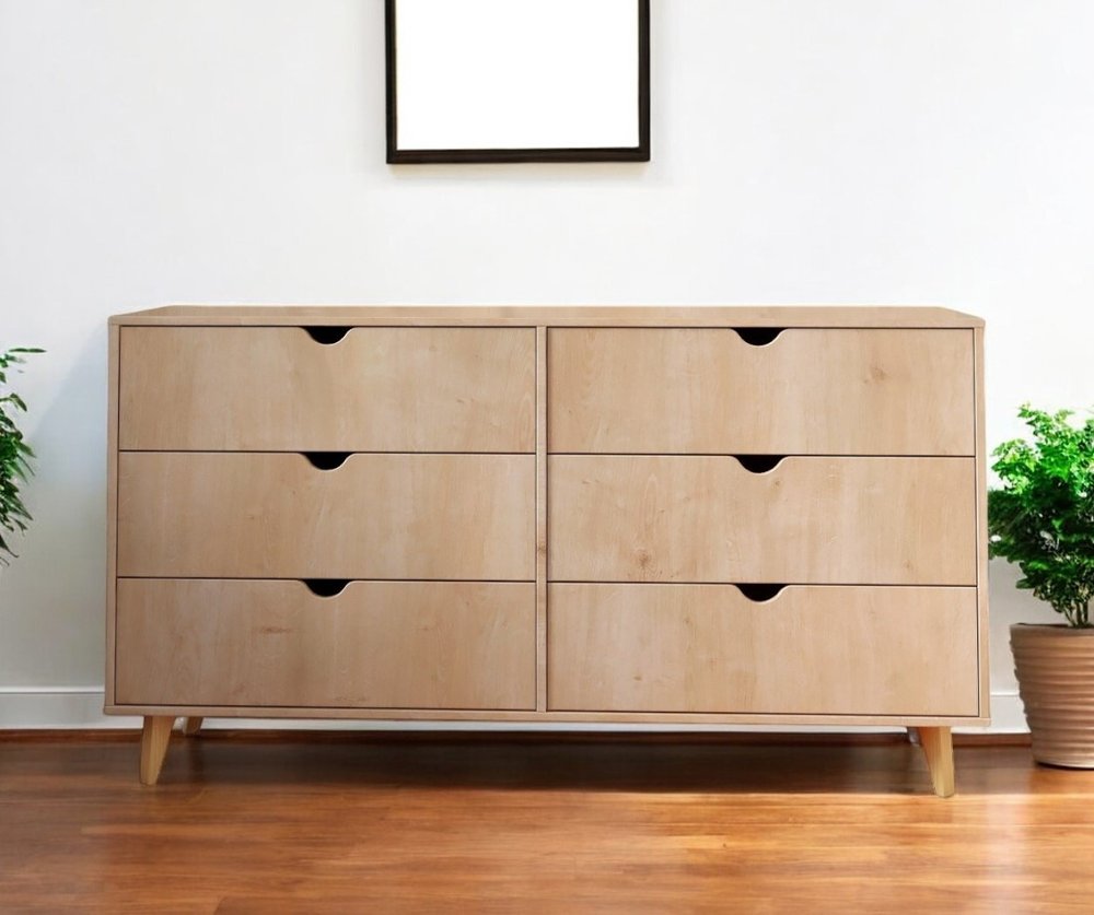 59" Natural Six Drawer Double Dresser