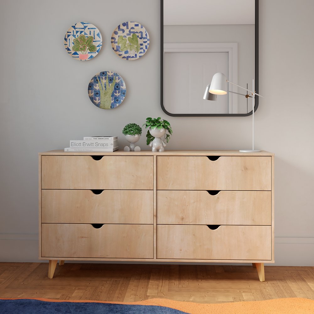 59" Natural Six Drawer Double Dresser