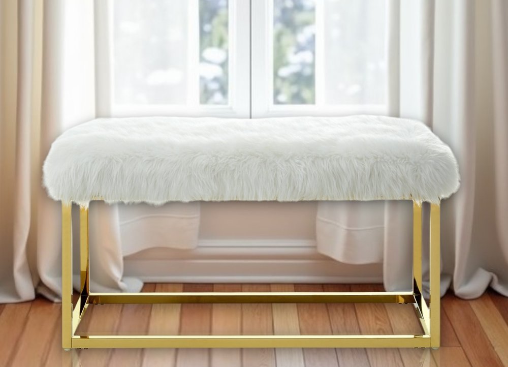 40" Gray And Silver Upholstered Faux Fur Bench