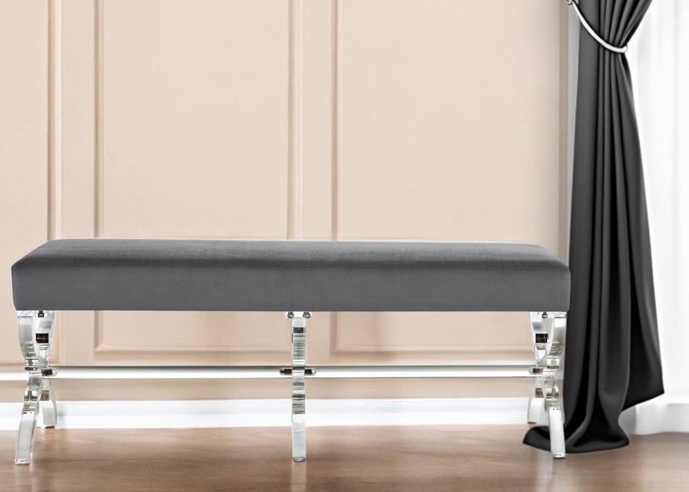 48" Black and Clear Velvet Upholstered Bench