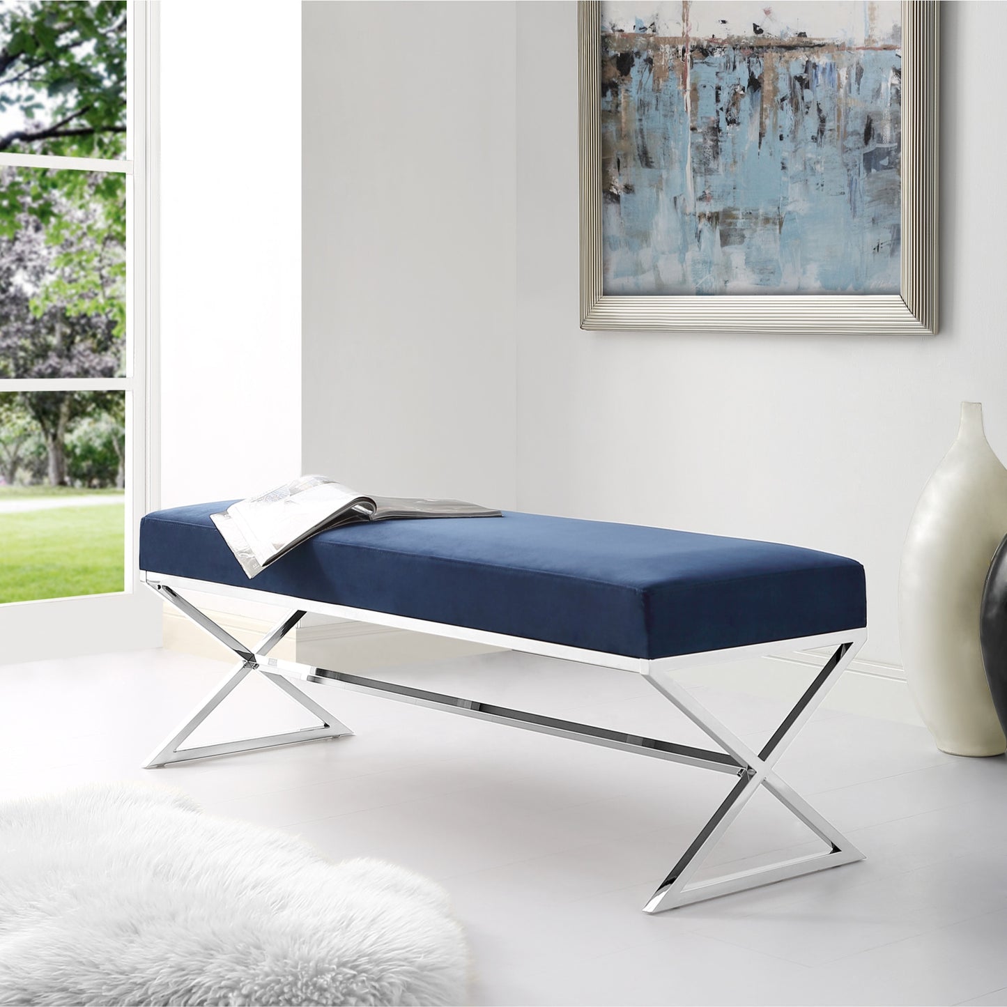 48" Gray and Silver Velvet Upholstered Bench