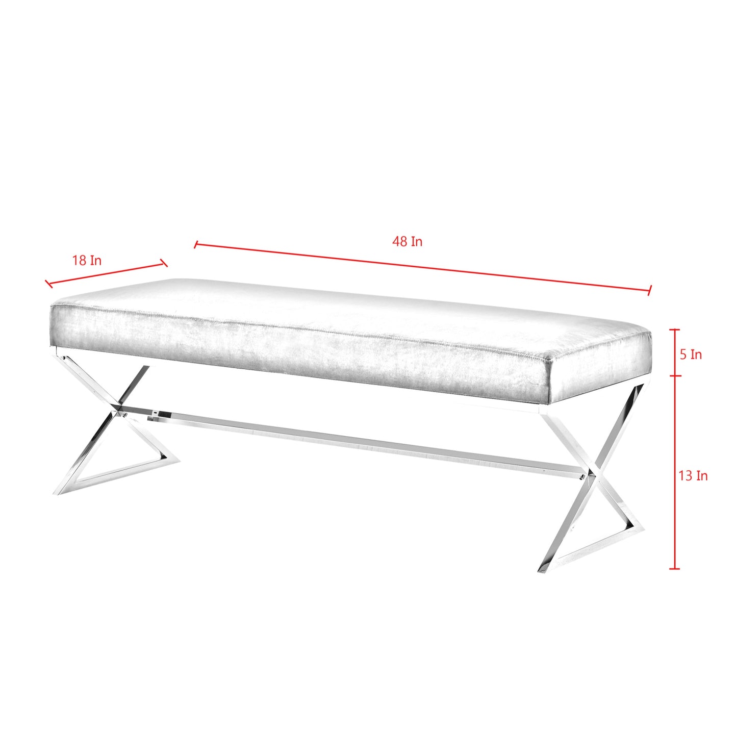48" Gray and Silver Velvet Upholstered Bench