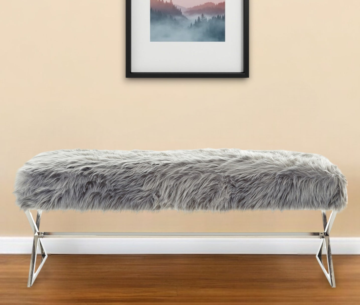 48" Gray and Silver Velvet Upholstered Bench
