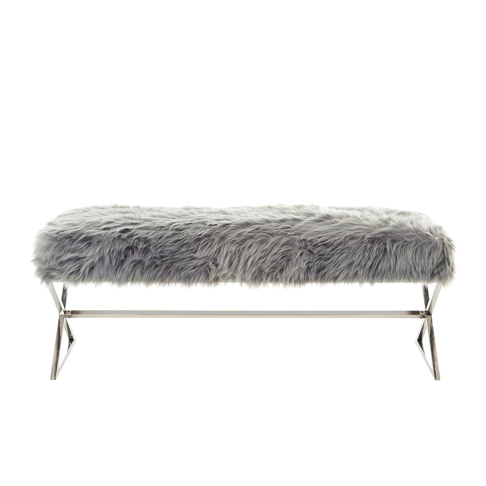 48" Gray and Silver Velvet Upholstered Bench
