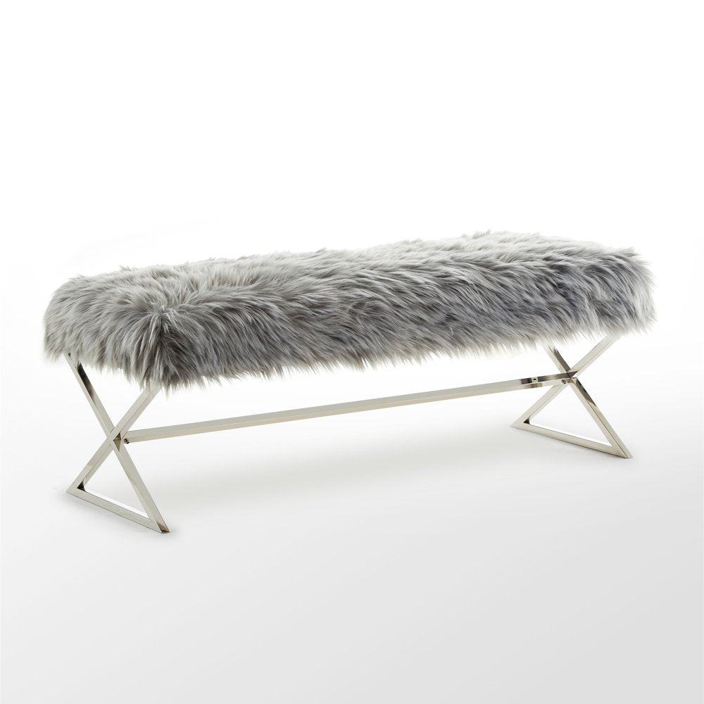 48" Gray and Silver Velvet Upholstered Bench