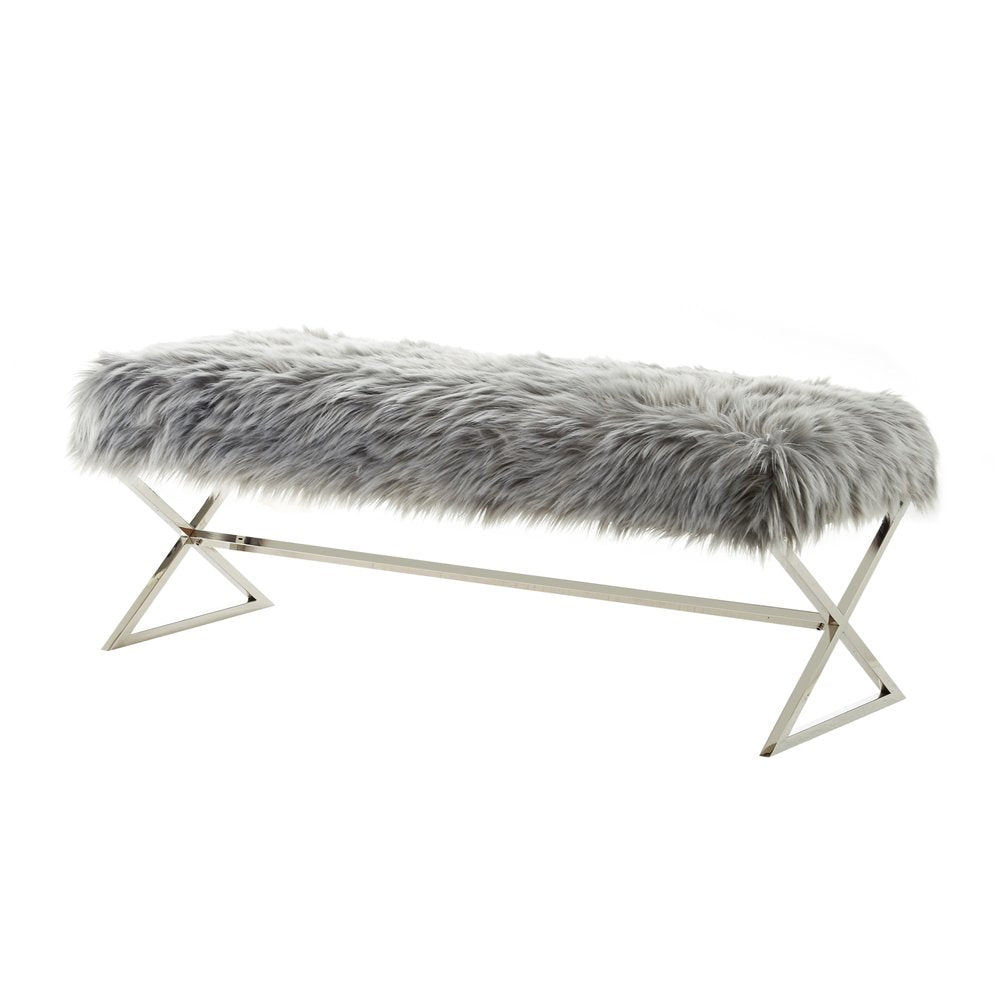 48" Gray and Silver Velvet Upholstered Bench
