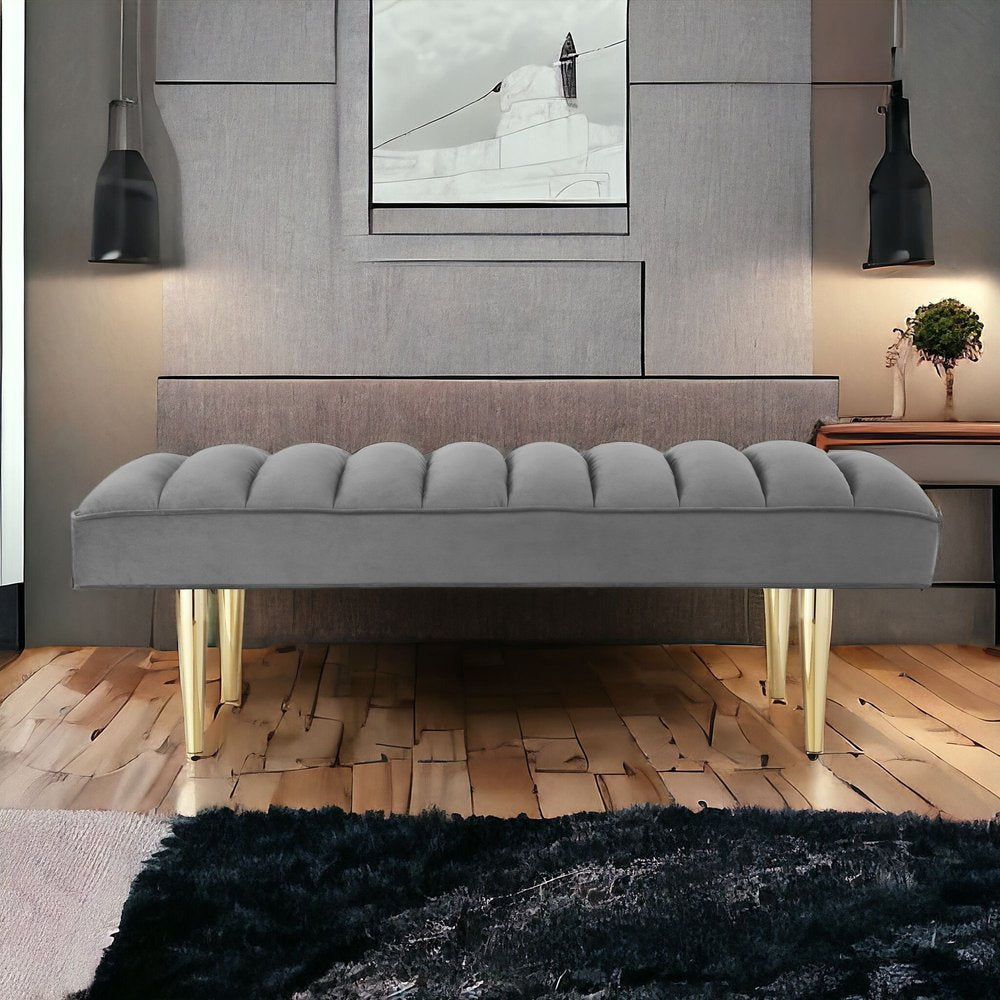 53" Blue And Silver Upholstered Velvet Bench