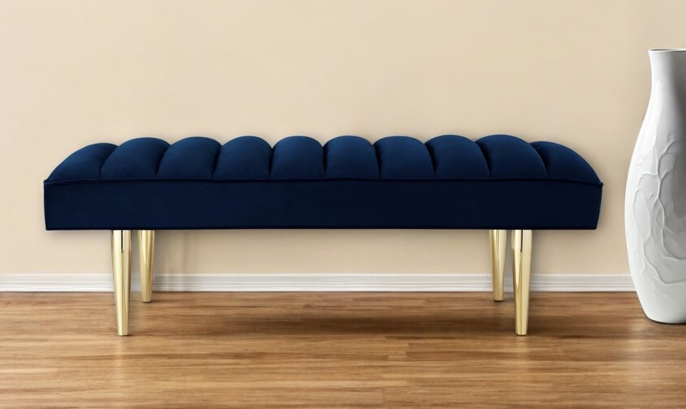 53" Blue And Silver Upholstered Velvet Bench