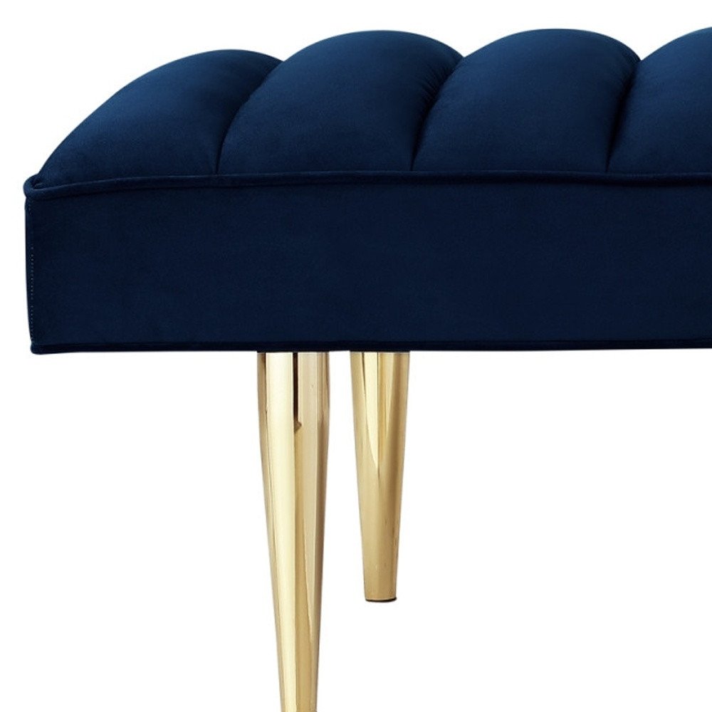 53" Blue And Silver Upholstered Velvet Bench
