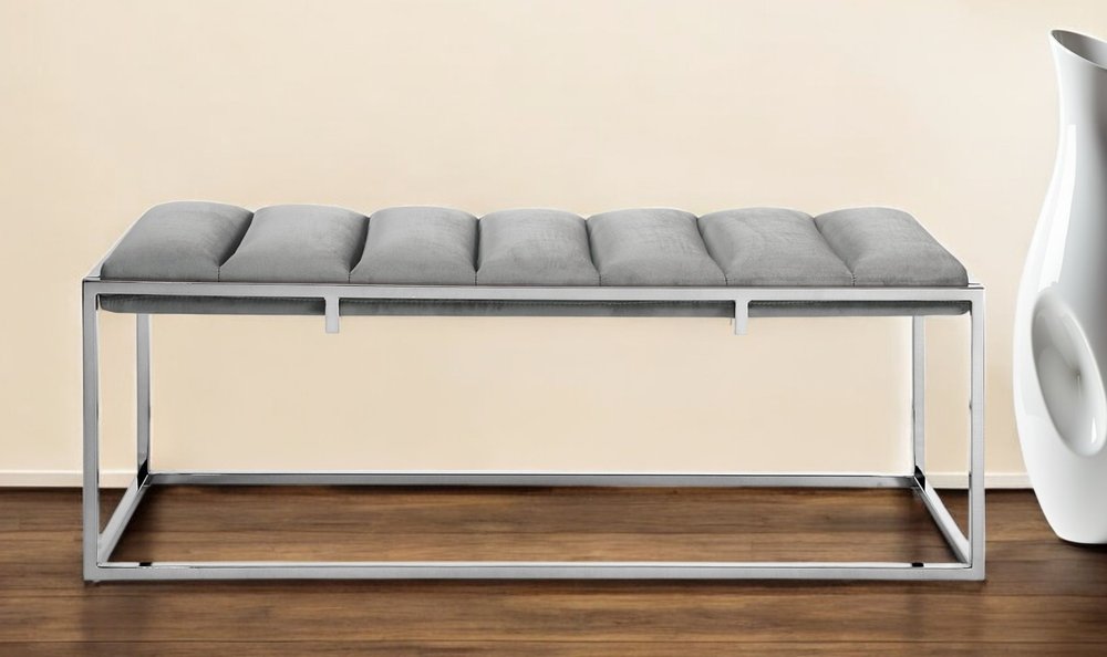 50" Gray and Silver Tufted Velvet Upholstered Bench