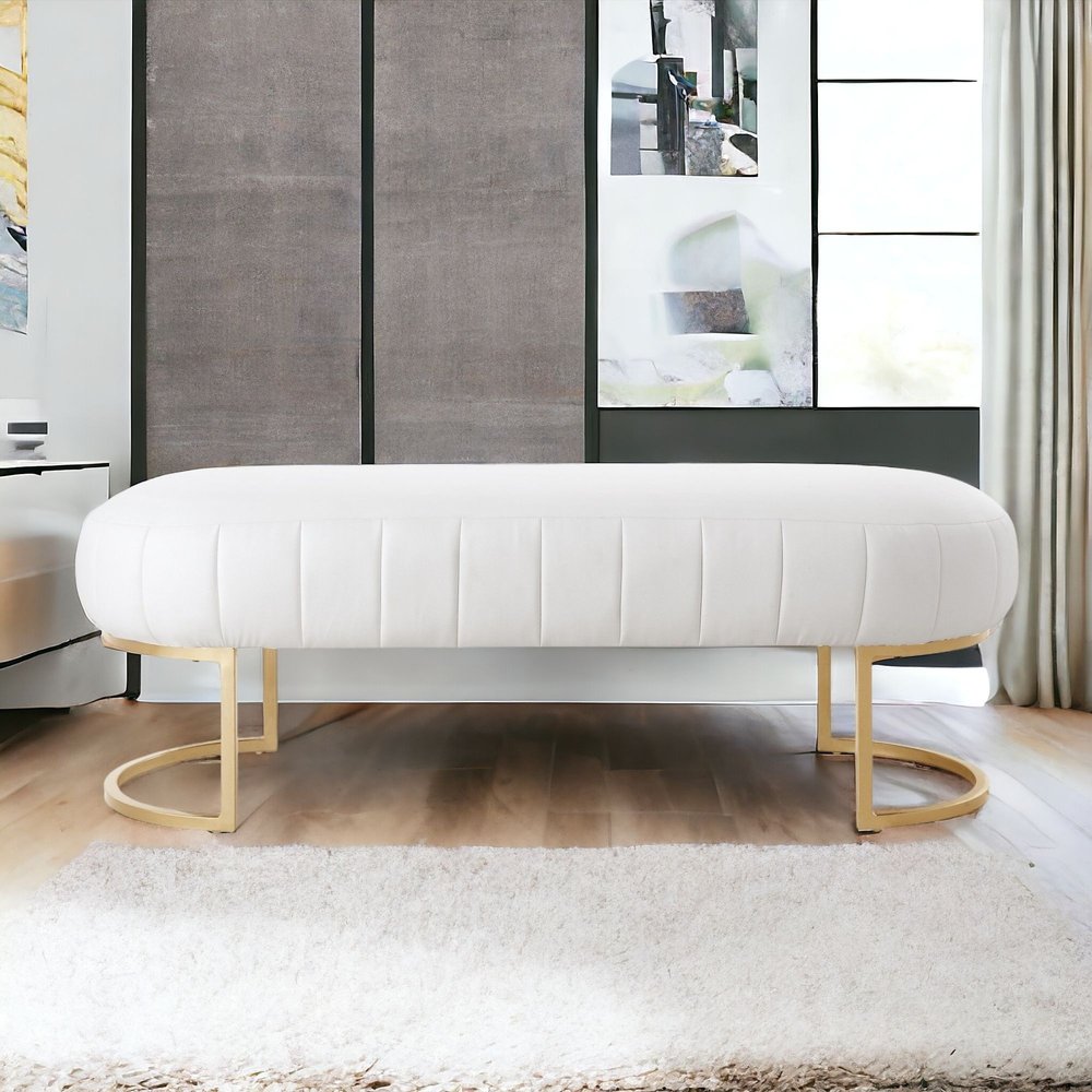 53" White and Gold Upholstered Faux Leather Bench