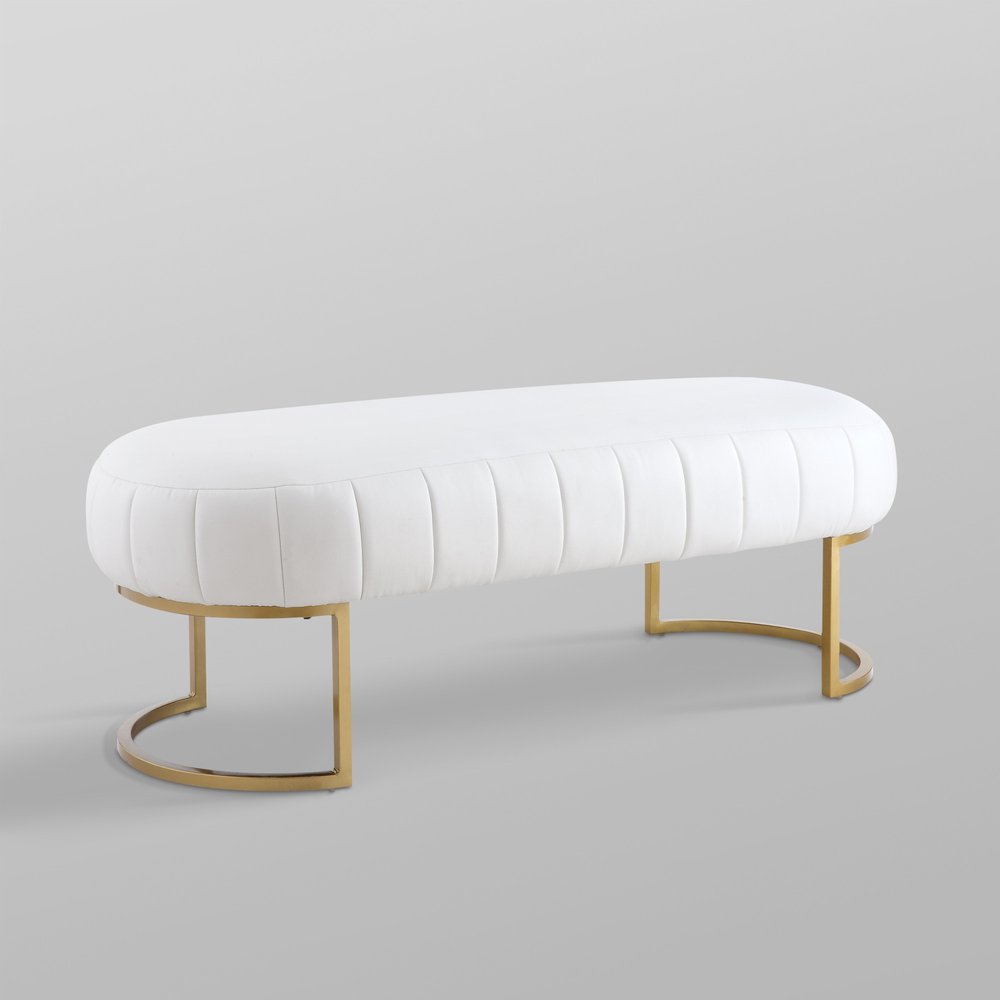53" White and Gold Upholstered Faux Leather Bench