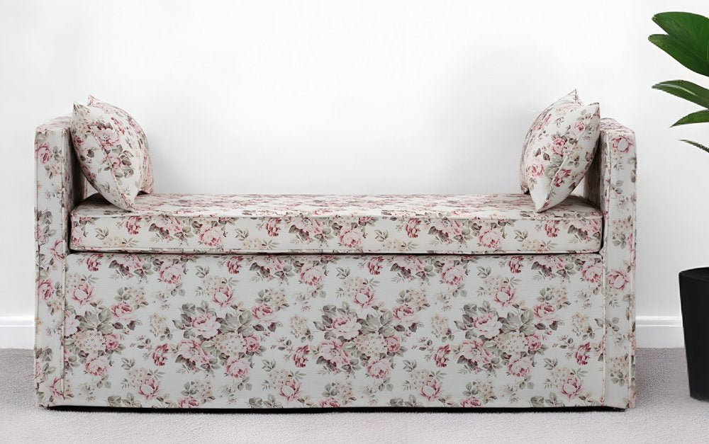 53" White and Red Linen Upholstered Floral Bench