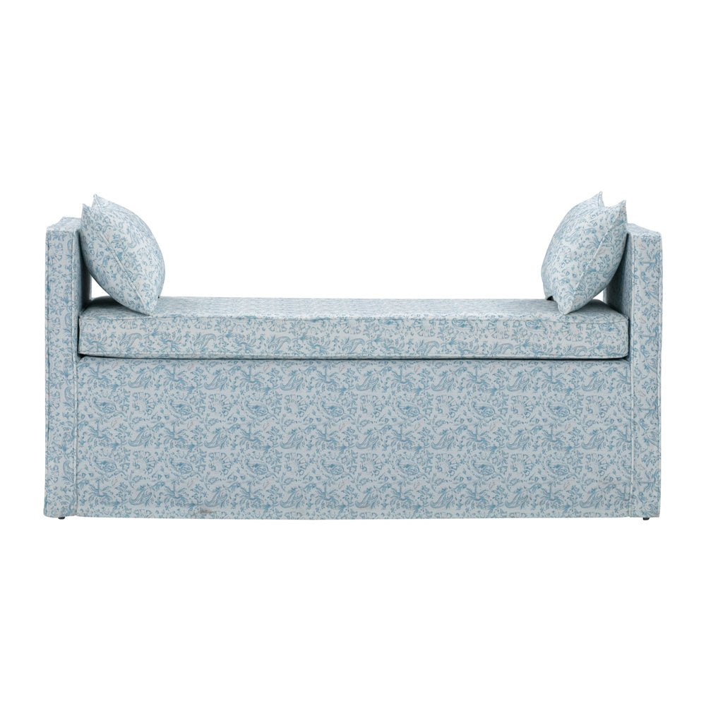 53" White and Red Linen Upholstered Floral Bench
