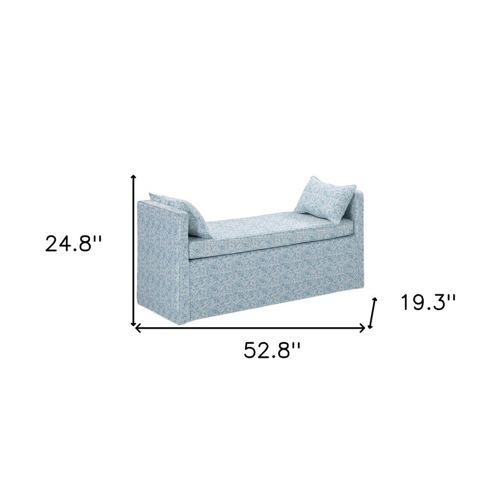 53" White and Red Linen Upholstered Floral Bench