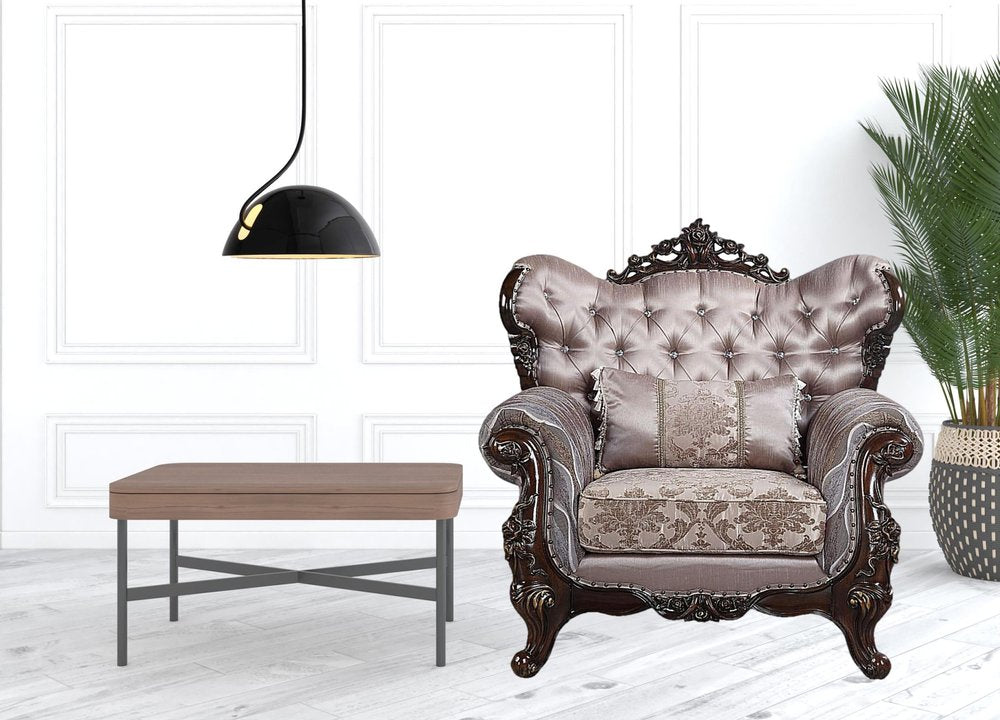 46" Light Gray and Brown Fabric Floral Tufted Arm Chair And Toss Pillow