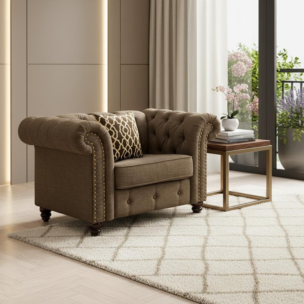 45" Brown and Black Linen Tufted Chesterfield Chair And Toss Pillow