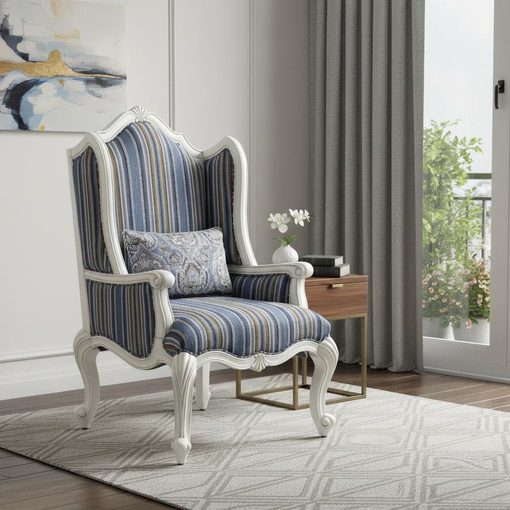 31" Blue and White Fabric Striped Wingback Chair And Toss Pillow