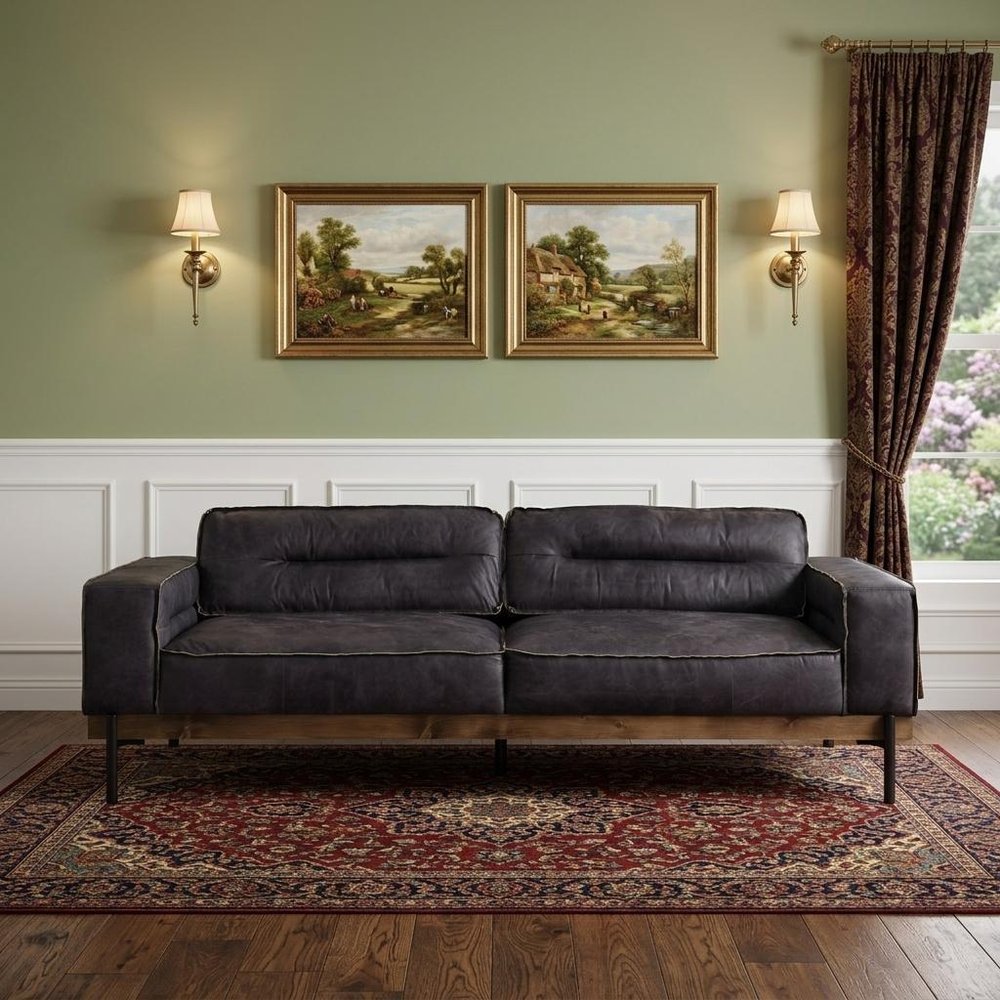 96" Ebony Top Grain Leather Sofa With Black Legs