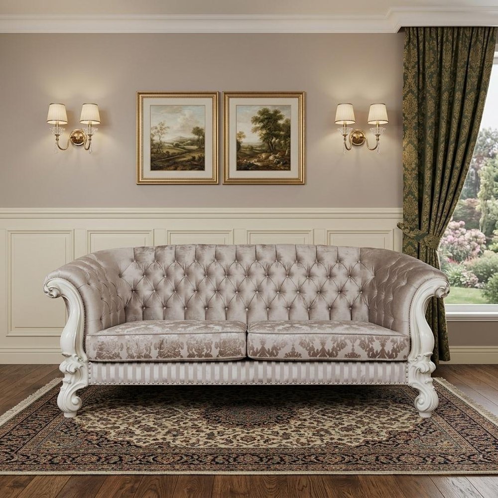 99" Ivory Velvet Damask Sofa And Toss Pillows With Bone Legs