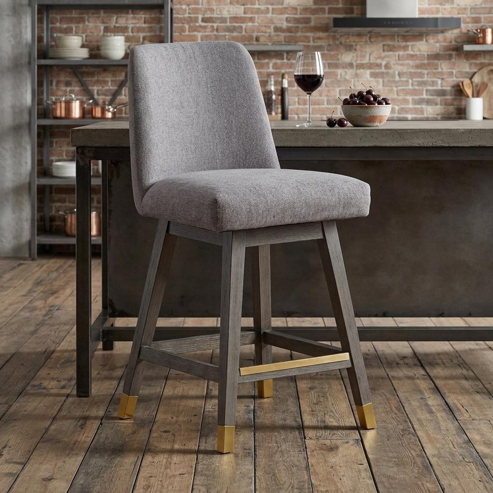 26" Taupe and Gray Solid Wood Counter Height Swivel Bar Chair