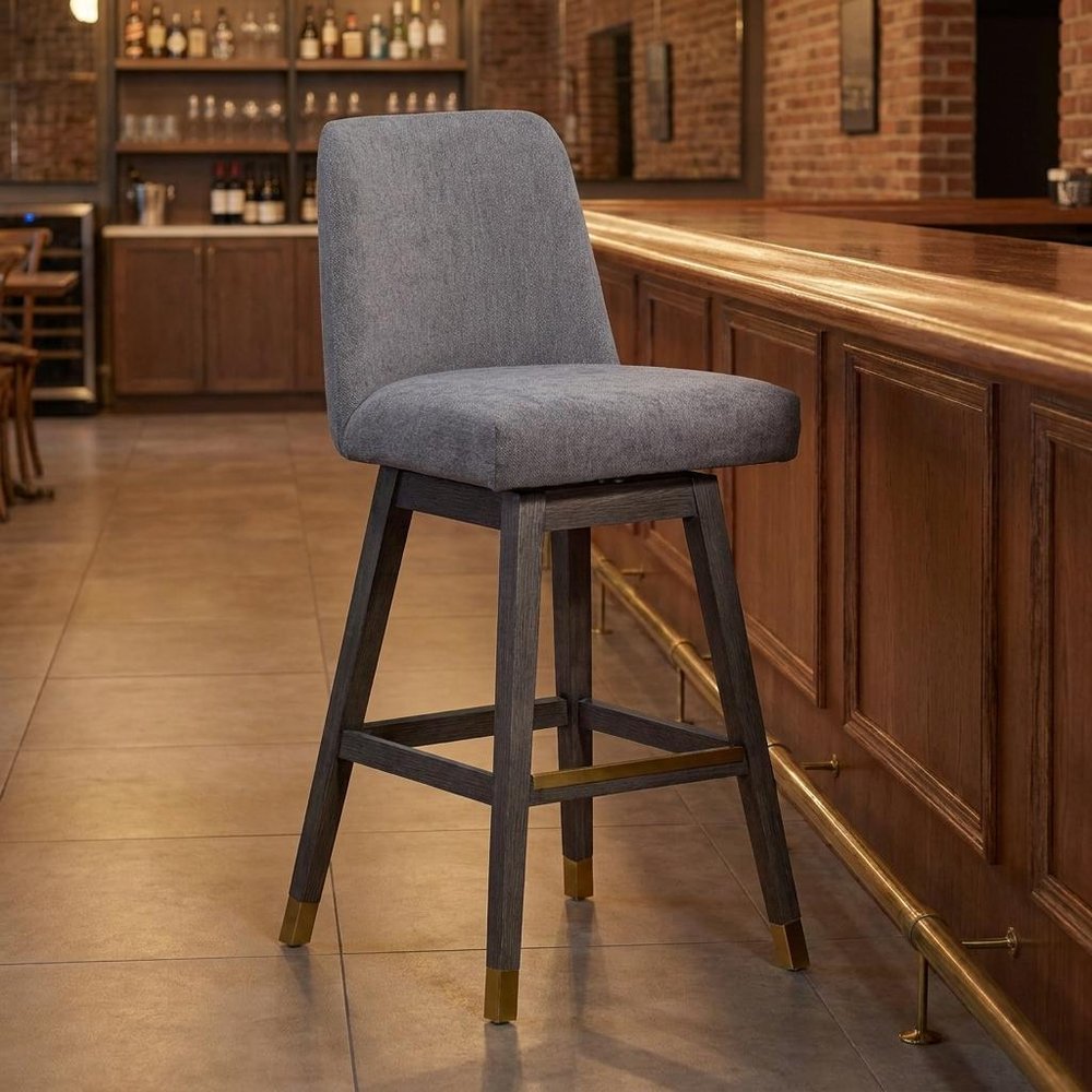 30" Gray And Brown Fabric And Solid Wood Bar Height Swivel Bar Chair