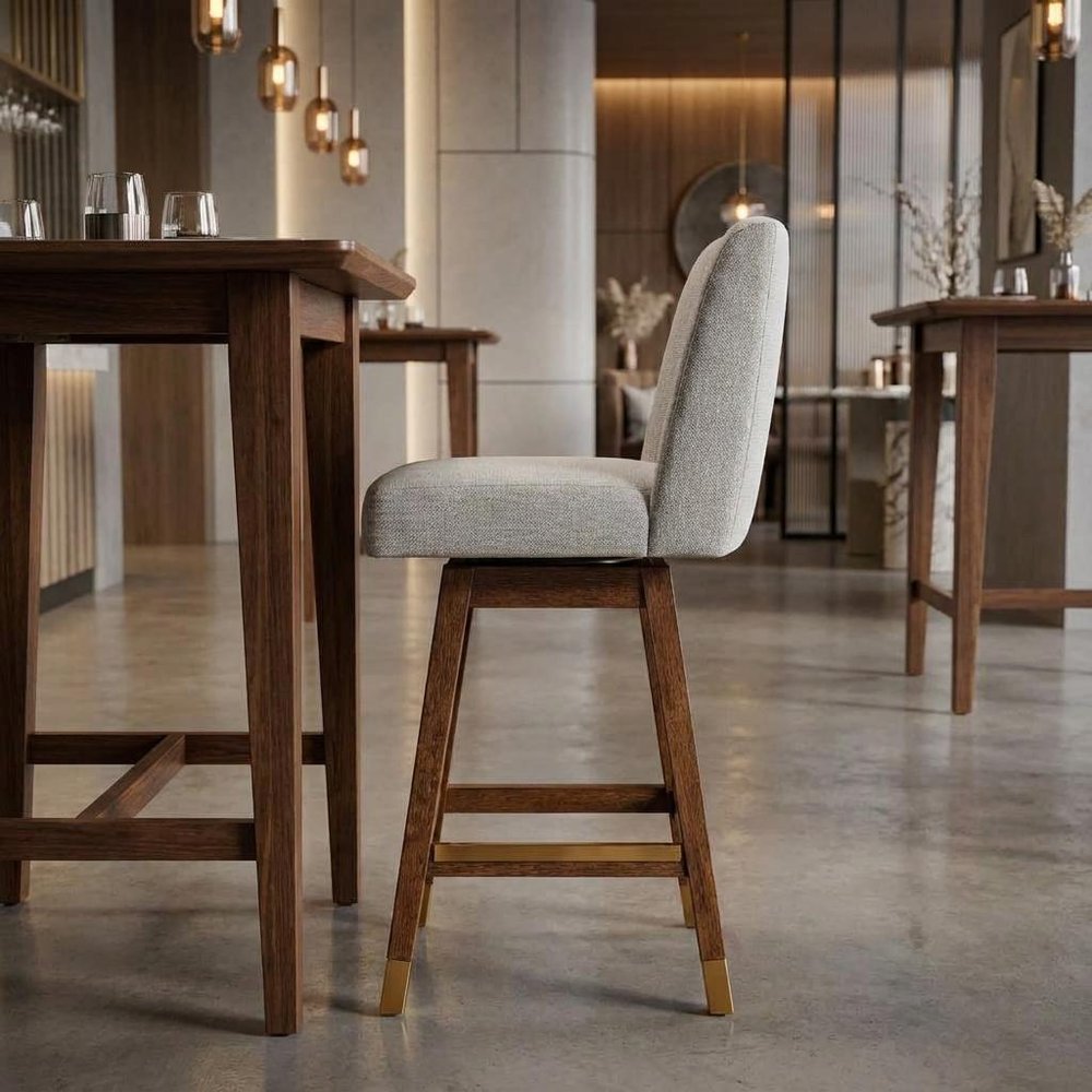 26" Taupe And Brown Fabric And Solid Wood Counter Height Swivel Bar Chair