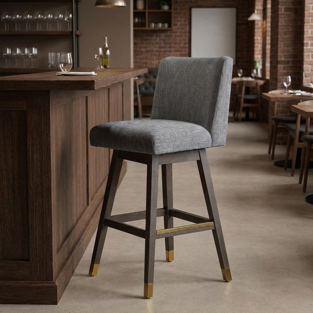 30" Gray And Brown Solid Wood Bar Height Swivel Bar Chair