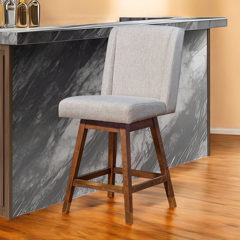 26" Taupe and Brown Solid Wood Swivel Bar Chair