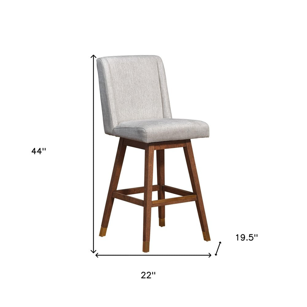 30" Beige and Wood Brown Solid Wood Bar Height Swivel Bar Chair