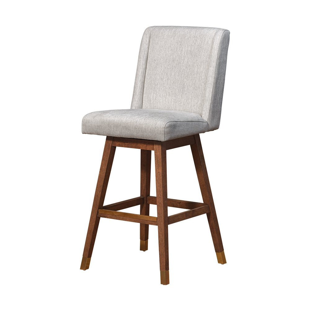 30" Beige and Wood Brown Solid Wood Bar Height Swivel Bar Chair