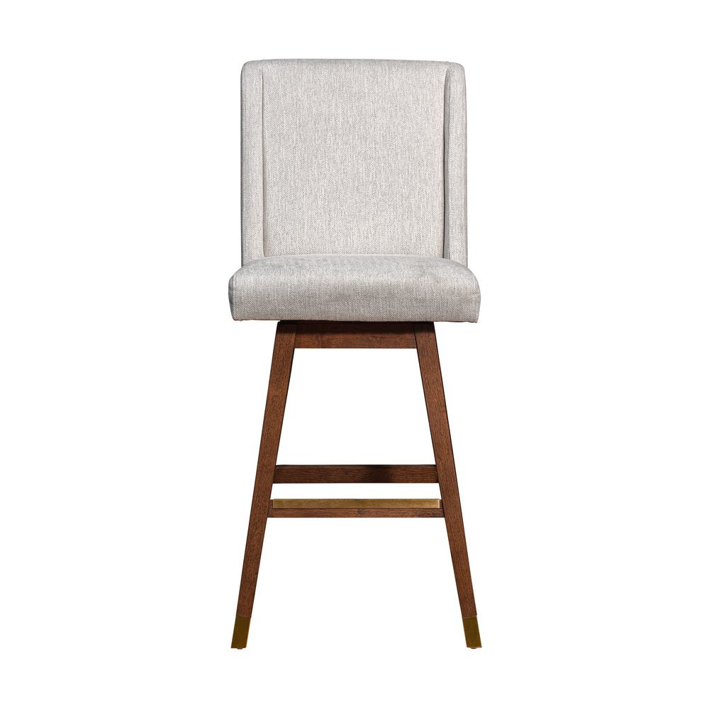 30" Beige and Wood Brown Solid Wood Bar Height Swivel Bar Chair
