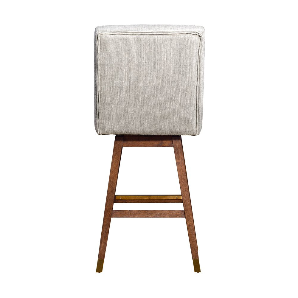 30" Beige and Wood Brown Solid Wood Bar Height Swivel Bar Chair