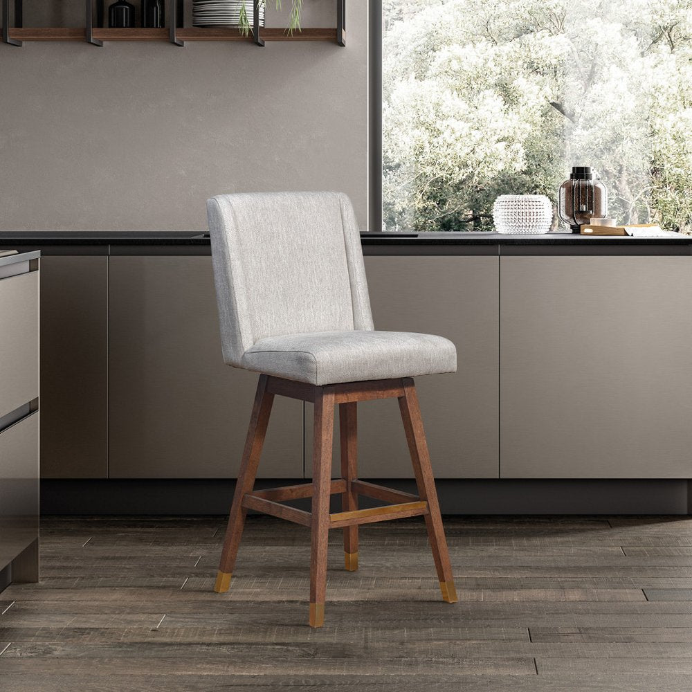 30" Beige and Wood Brown Solid Wood Bar Height Swivel Bar Chair