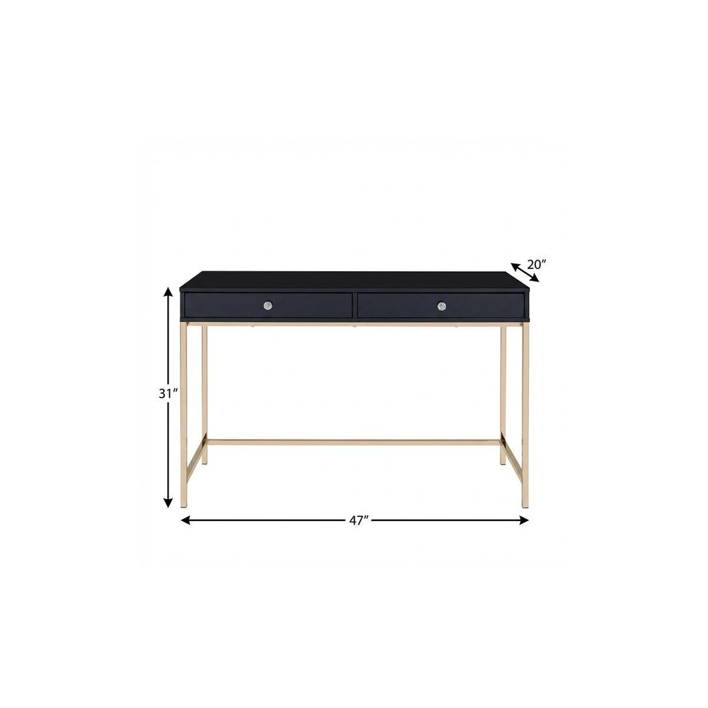 47" Black and Gold Writing Desk With Two Drawers