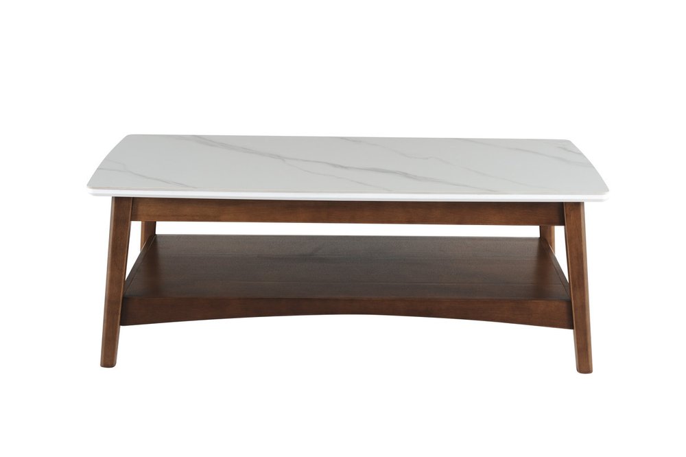 48" White and Brown Sintered Stone and Wood Coffee Table With Shelf