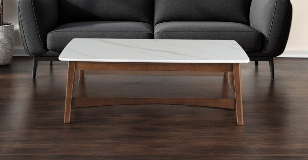 48" White and Brown Sintered Stone and Wood Coffee Table With Shelf