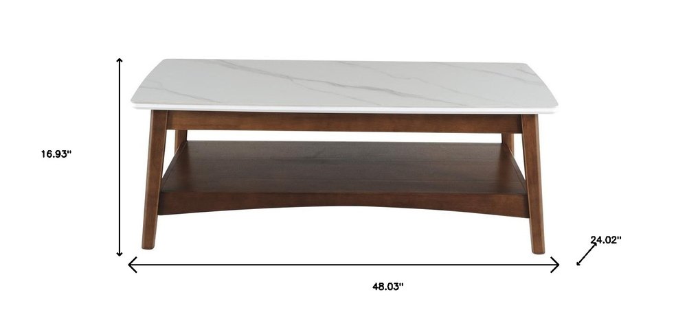48" White and Brown Sintered Stone and Wood Coffee Table With Shelf