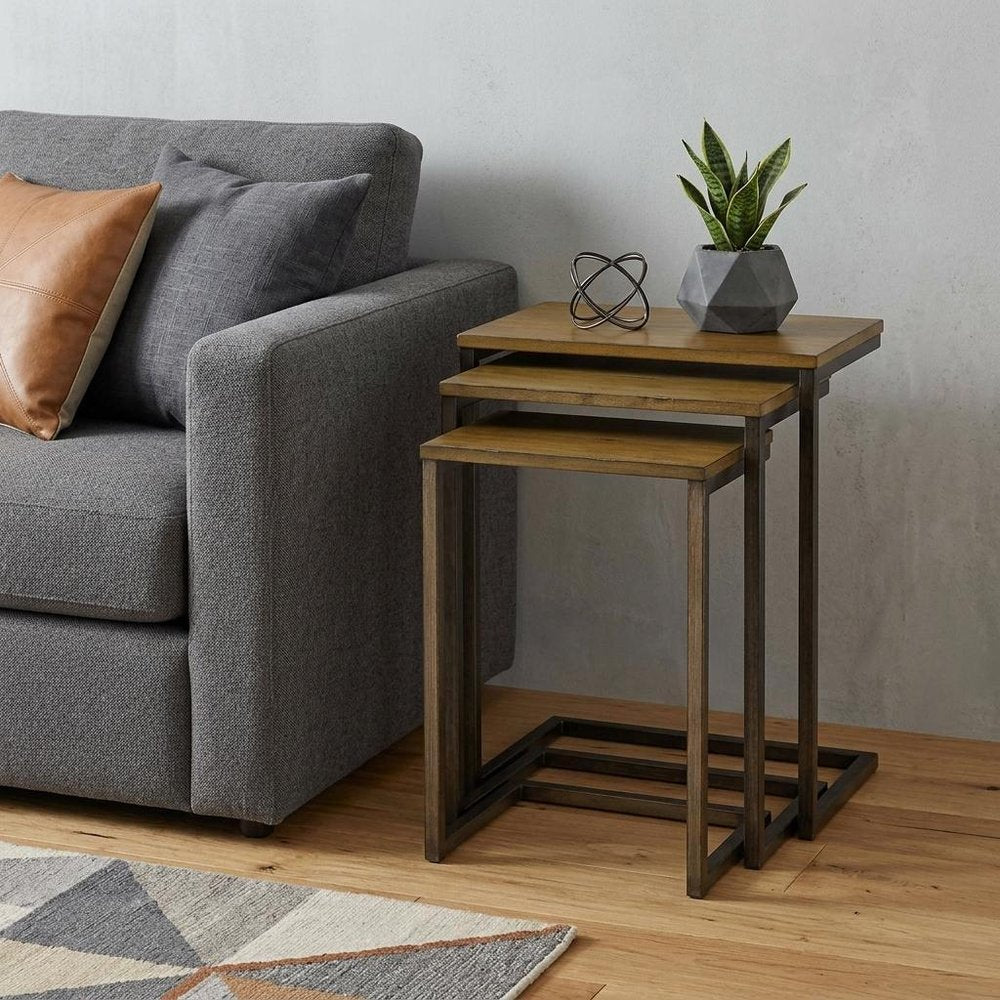 Set of Three Brown and Black Distressed Solid Wood and Steel Frame Nested Tables