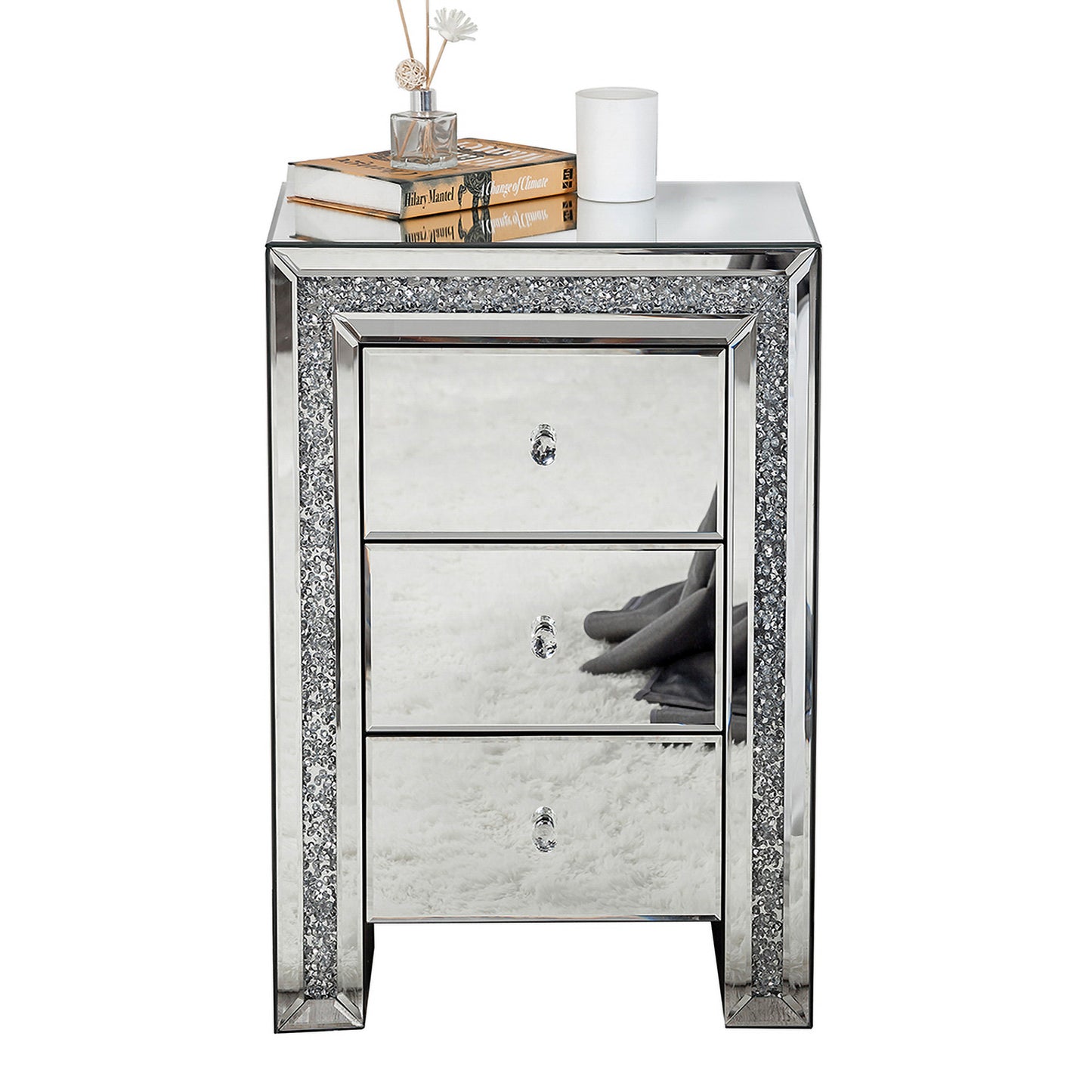 27" Silver Wood and Mirror And Mirrored Glass Three Drawer Nightstand