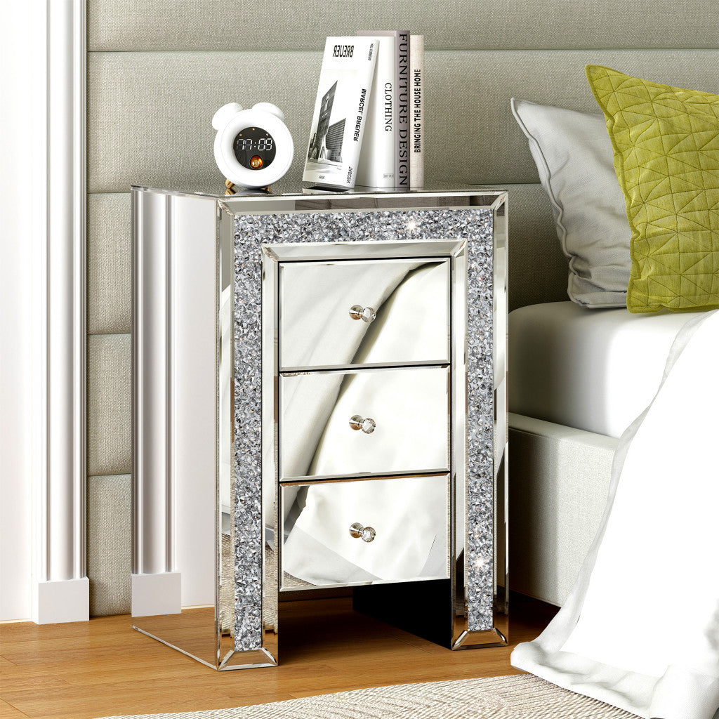 27" Silver Wood and Mirror And Mirrored Glass Three Drawer Nightstand