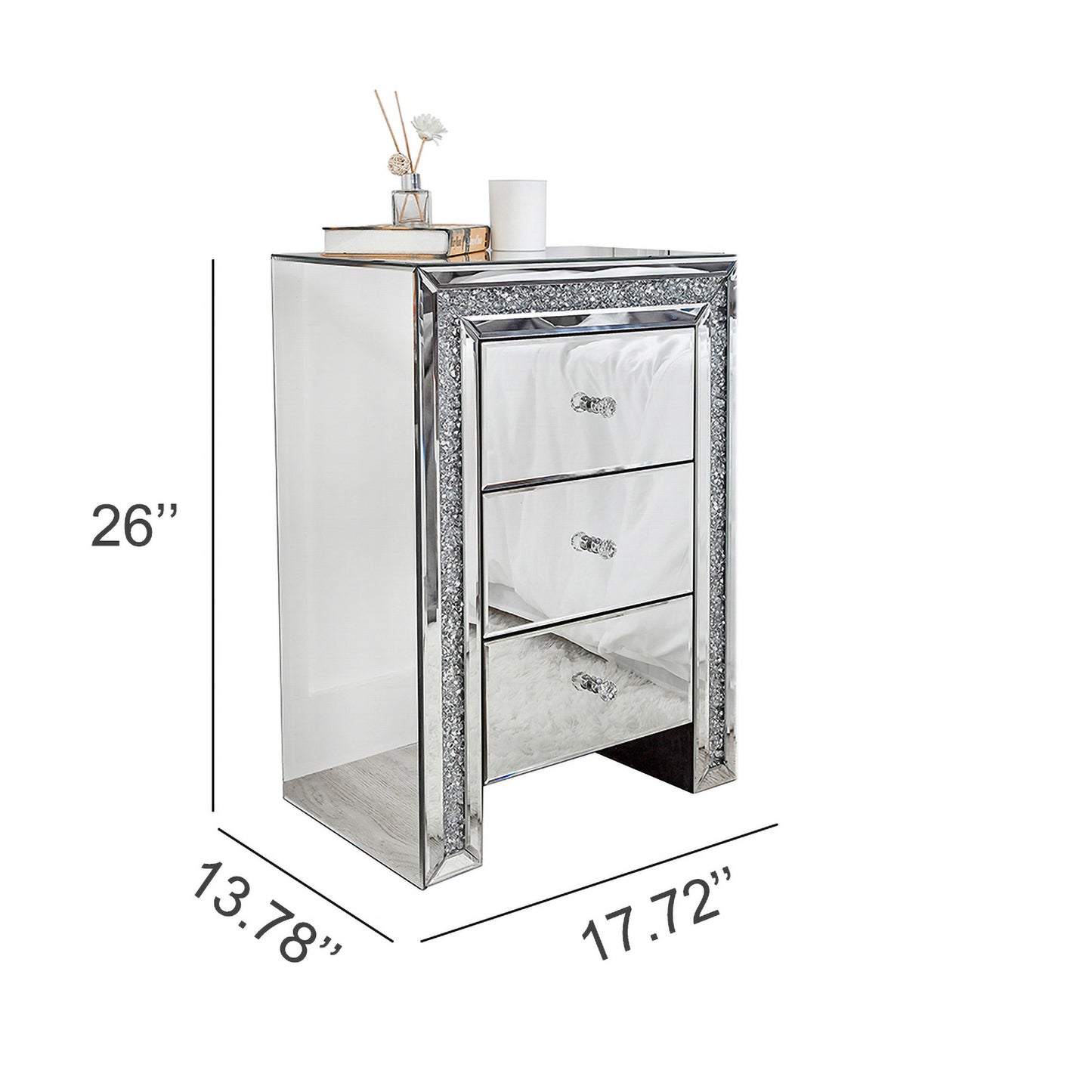 27" Silver Wood and Mirror And Mirrored Glass Three Drawer Nightstand