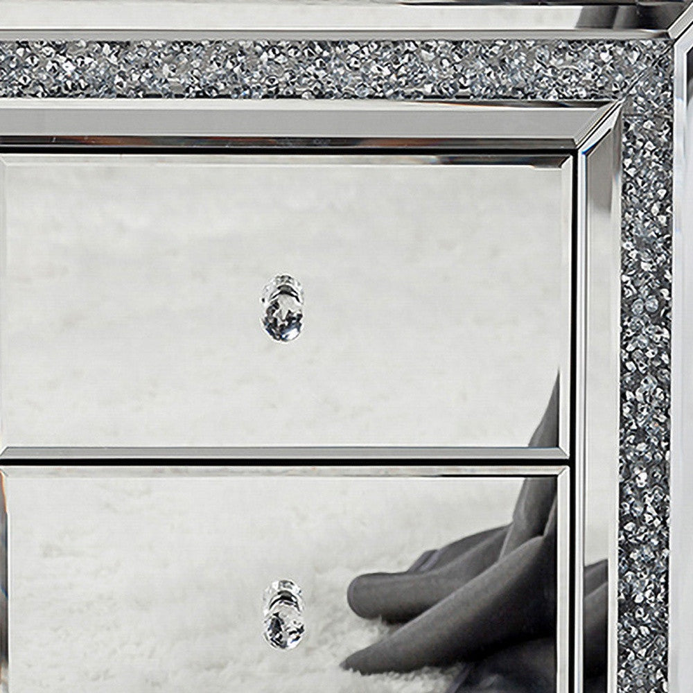 27" Silver Wood and Mirror And Mirrored Glass Three Drawer Nightstand