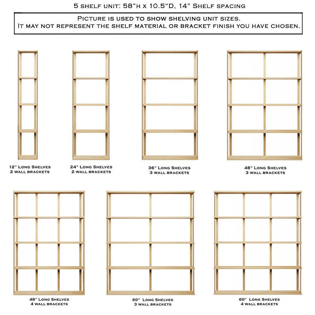 Wall Mount 5 Shelf Unit with Bookends: 58" H