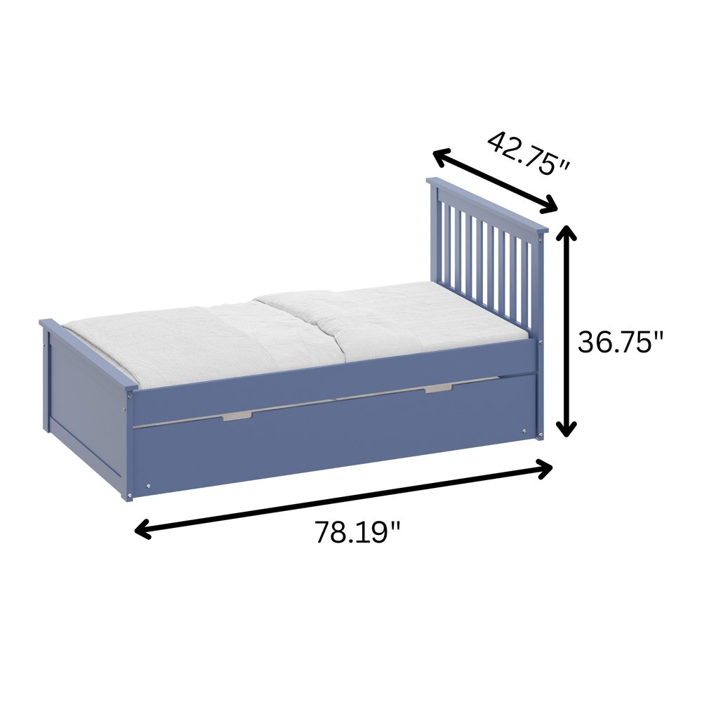 Blue Solid Wood Twin Bed With Pull Out Trundle