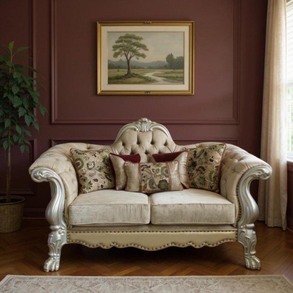 73" Bone Velvet Loveseat and Toss Pillows