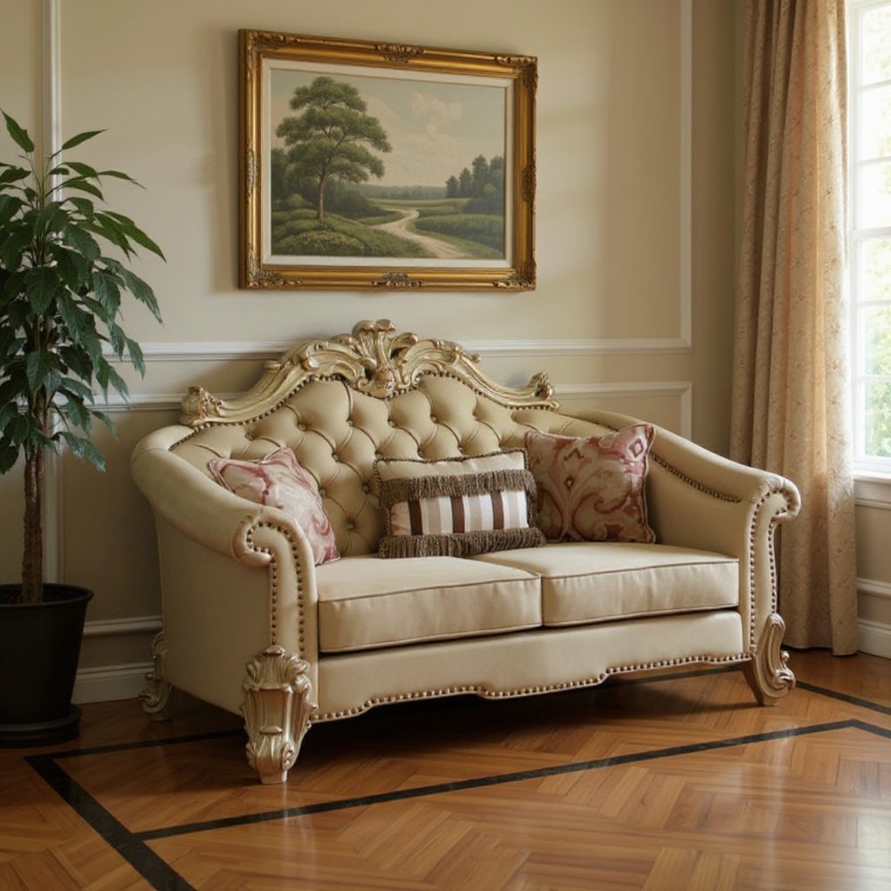 67" Bone And Gold Faux Leather Loveseat and Toss Pillows