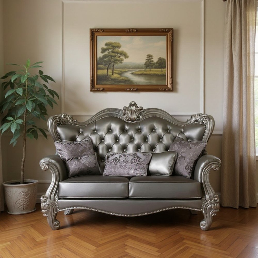 70" Silver And Platinum Faux Leather Loveseat and Toss Pillows