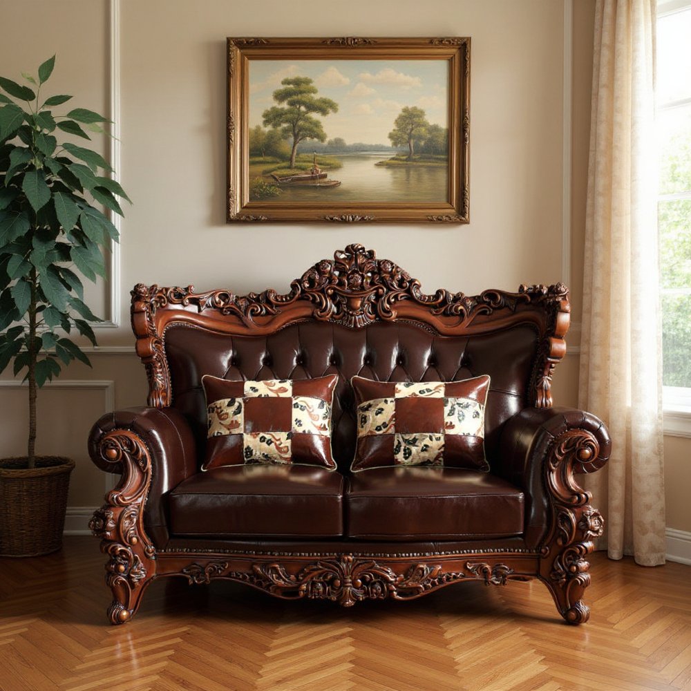 71" Espresso And Brown Faux Leather Curved Loveseat