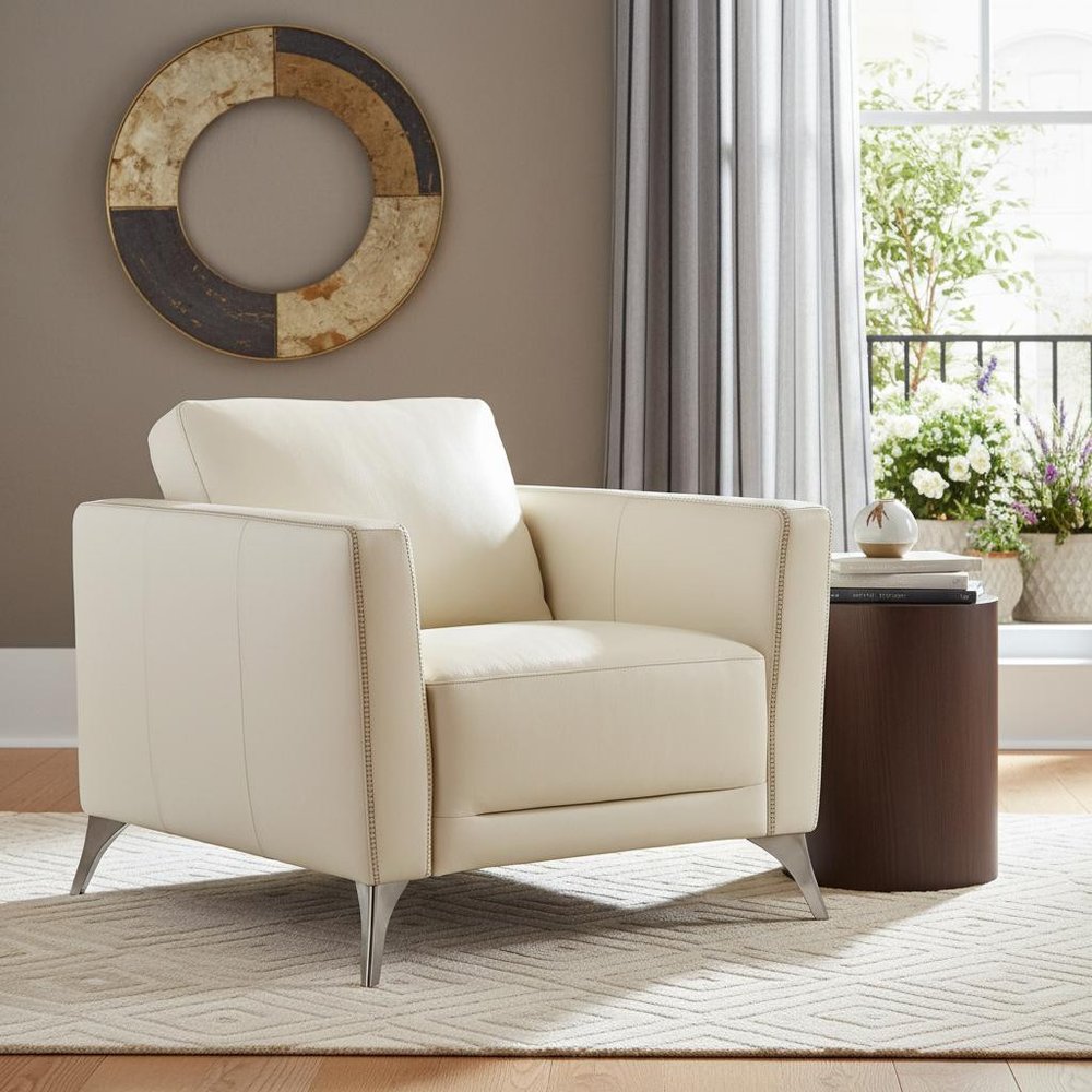 35" Cream and Black Genuine Leather Arm Chair